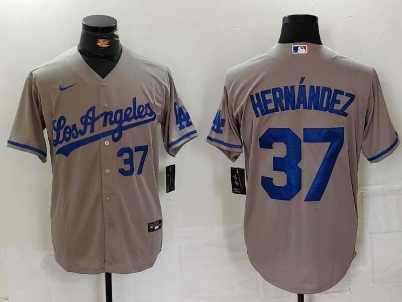 Mens Los Angeles Dodgers #37 Teoscar Hernandez Number Grey With Los Cool Base Stitched Jerseys